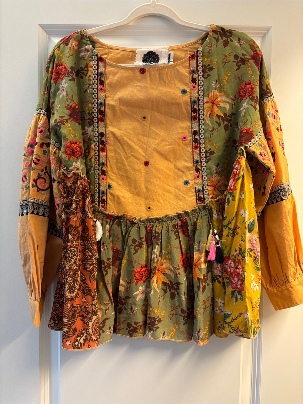 Bohemian Floral Patchwork Peasant Top - Mustard & Olive